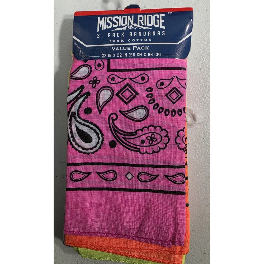 Mission Ridge 3 Pack Bandanas Paisley Print Neon Colors Cotton